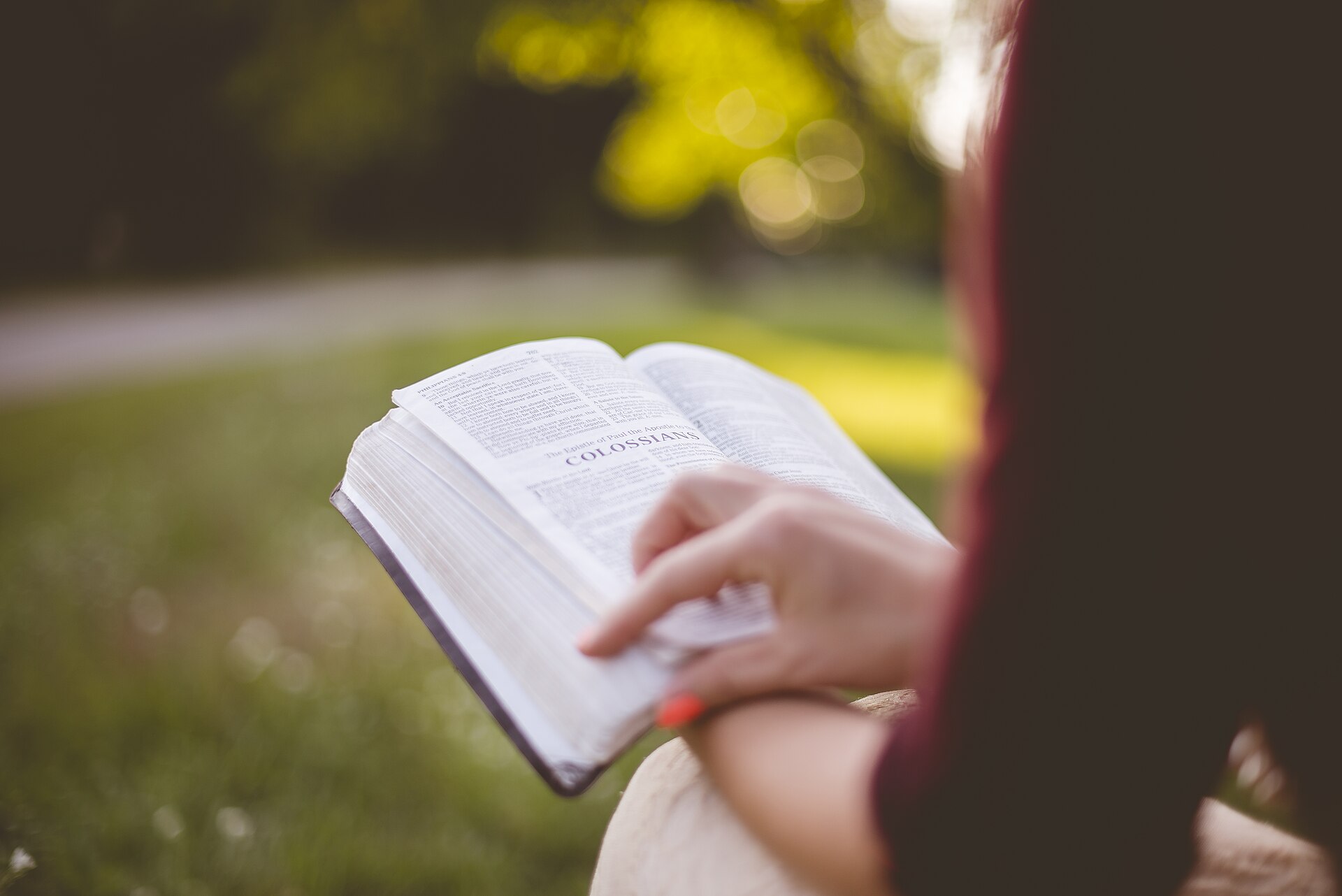 A person reading an open Bible outdoors